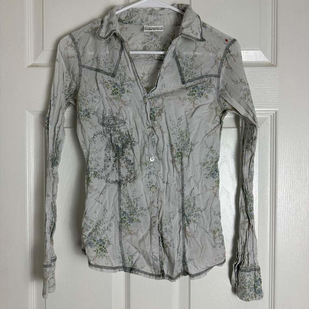 ! Arizona Y2K 2000s Blue Floral Lightweight Cotton Button Up Shirt Women Size XS